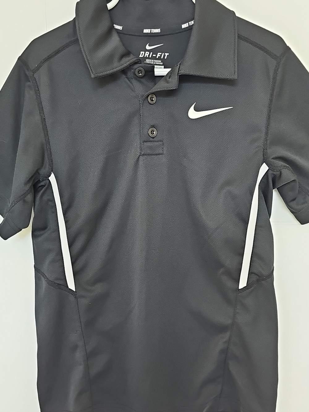 Nike Black Polo with White Swoosh and Side Stripes Boys Sz XS